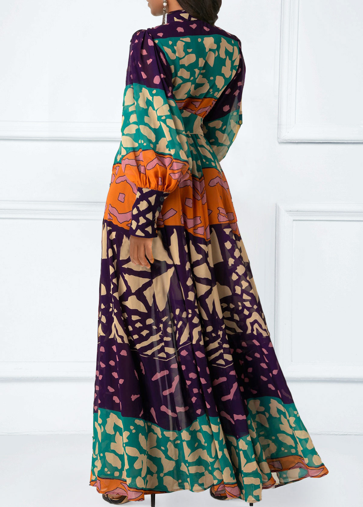 Multi Color Split Tribal Print Belted Maxi Dress