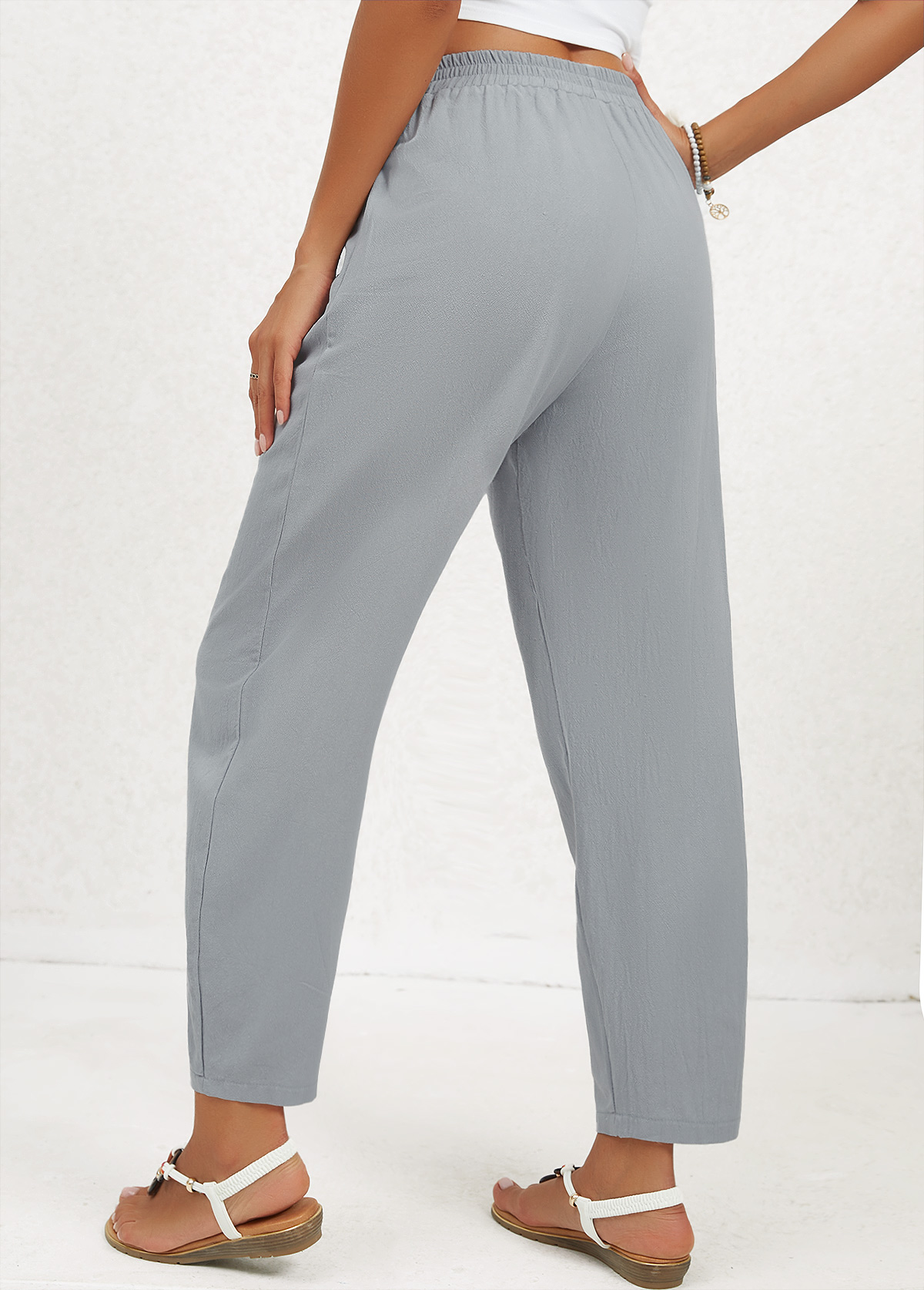 Grey Pocket Regular Elastic Waist High Waisted Pants