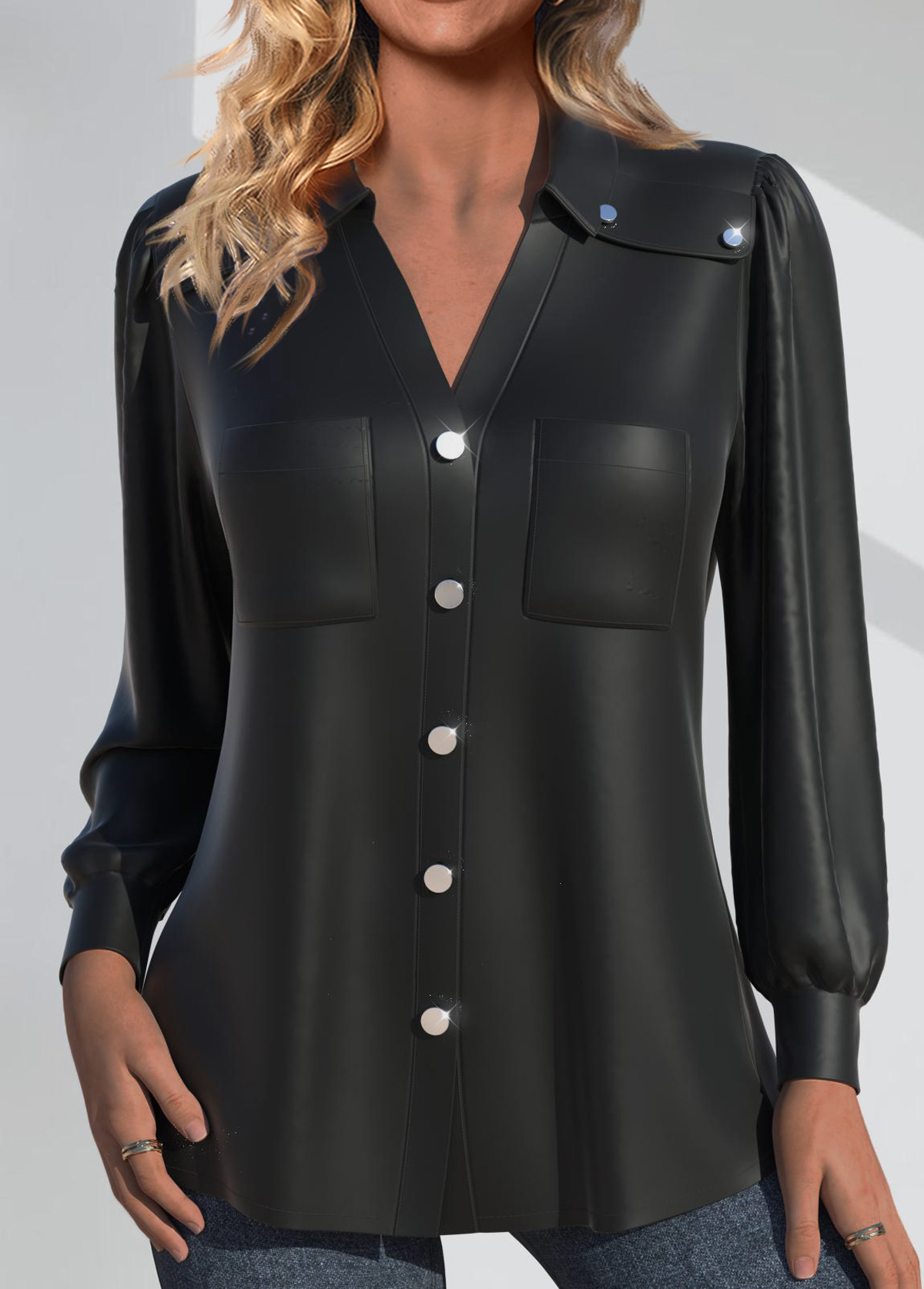 Black Faux Leather Long Sleeve Shirt Collar Blouse