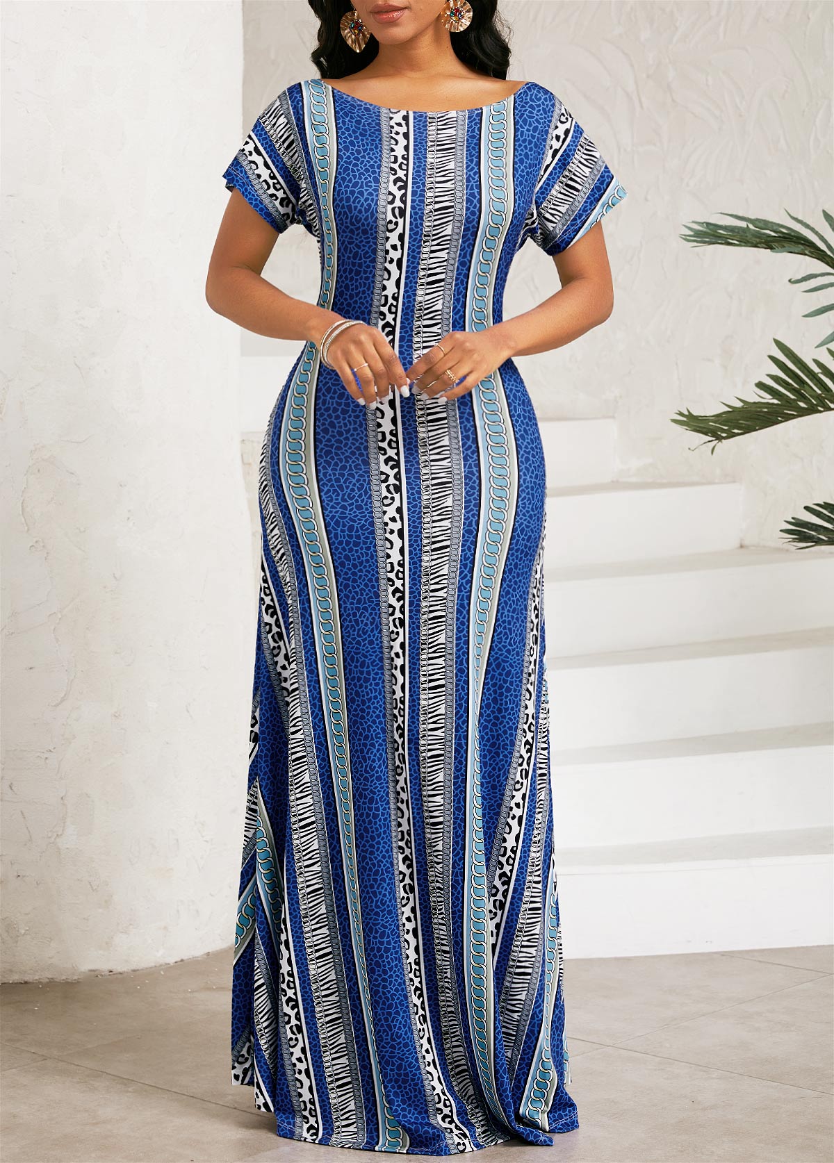 Blue Patchwork Geometric Print Maxi Short Sleeve Bodycon Dress