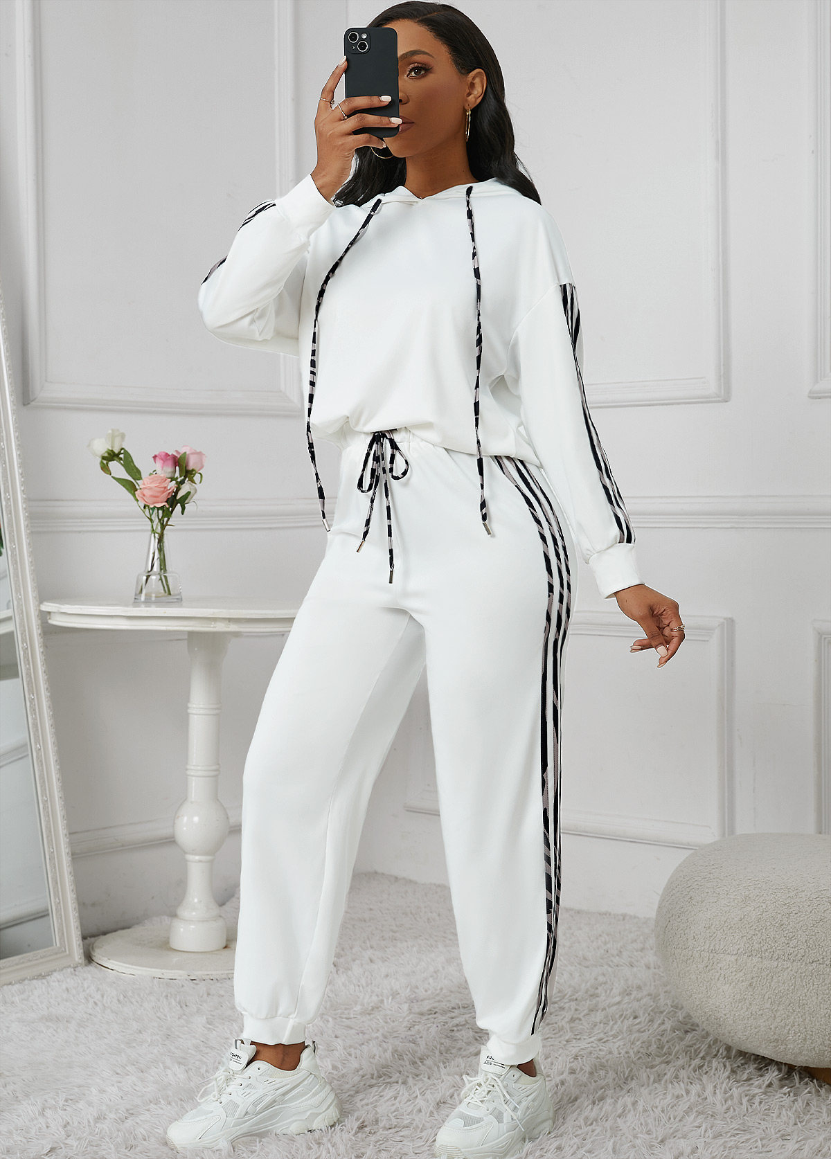 White Patchwork Ankle Length Long Sleeve Top and Pants