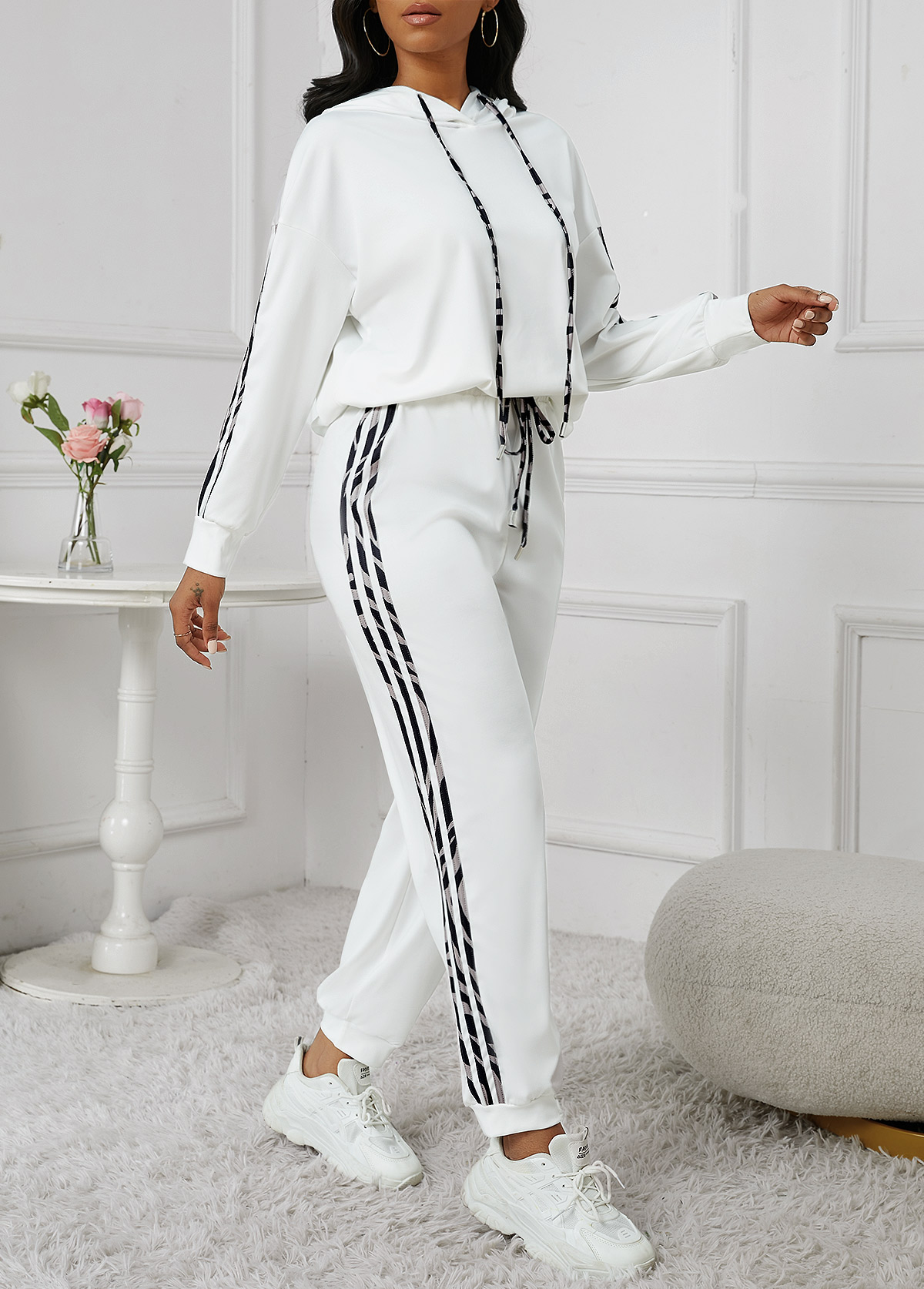 White Patchwork Ankle Length Long Sleeve Top and Pants