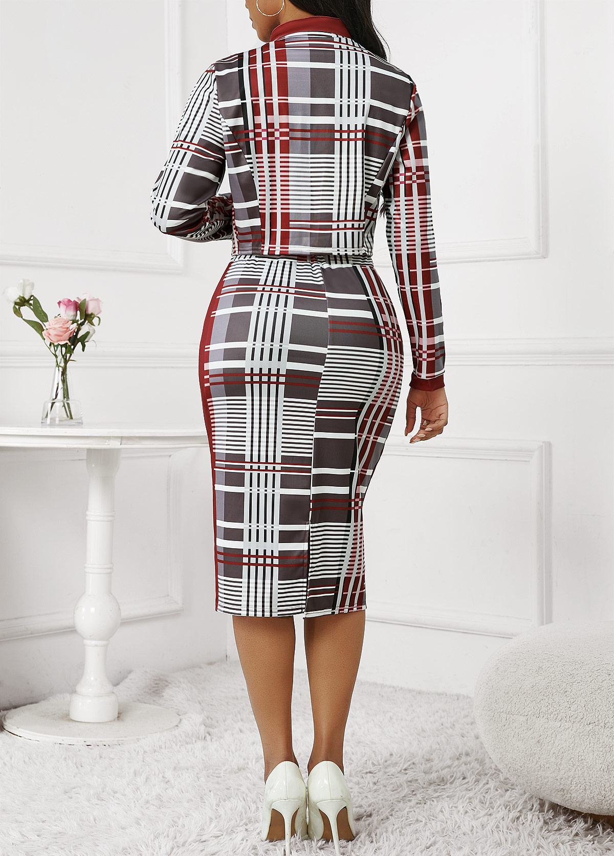 Deep Red Split Plaid Bodycon Top and Skirt