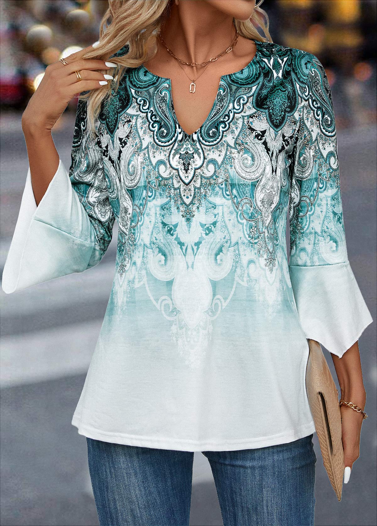 Turquoise Split Ombre 3/4 Sleeve T Shirt