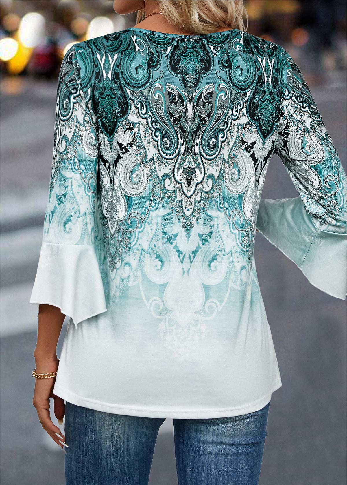 Turquoise Split Ombre 3/4 Sleeve T Shirt