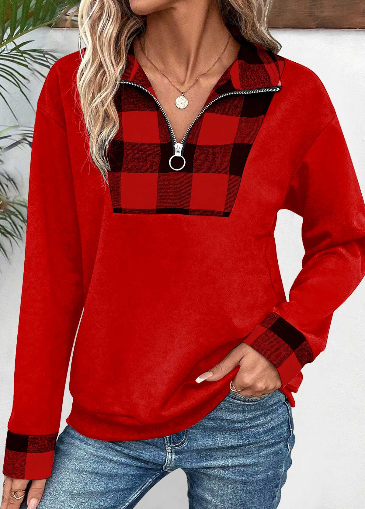 Red Patchwork Plaid Long Sleeve Turn Down Collar Sweatshirt