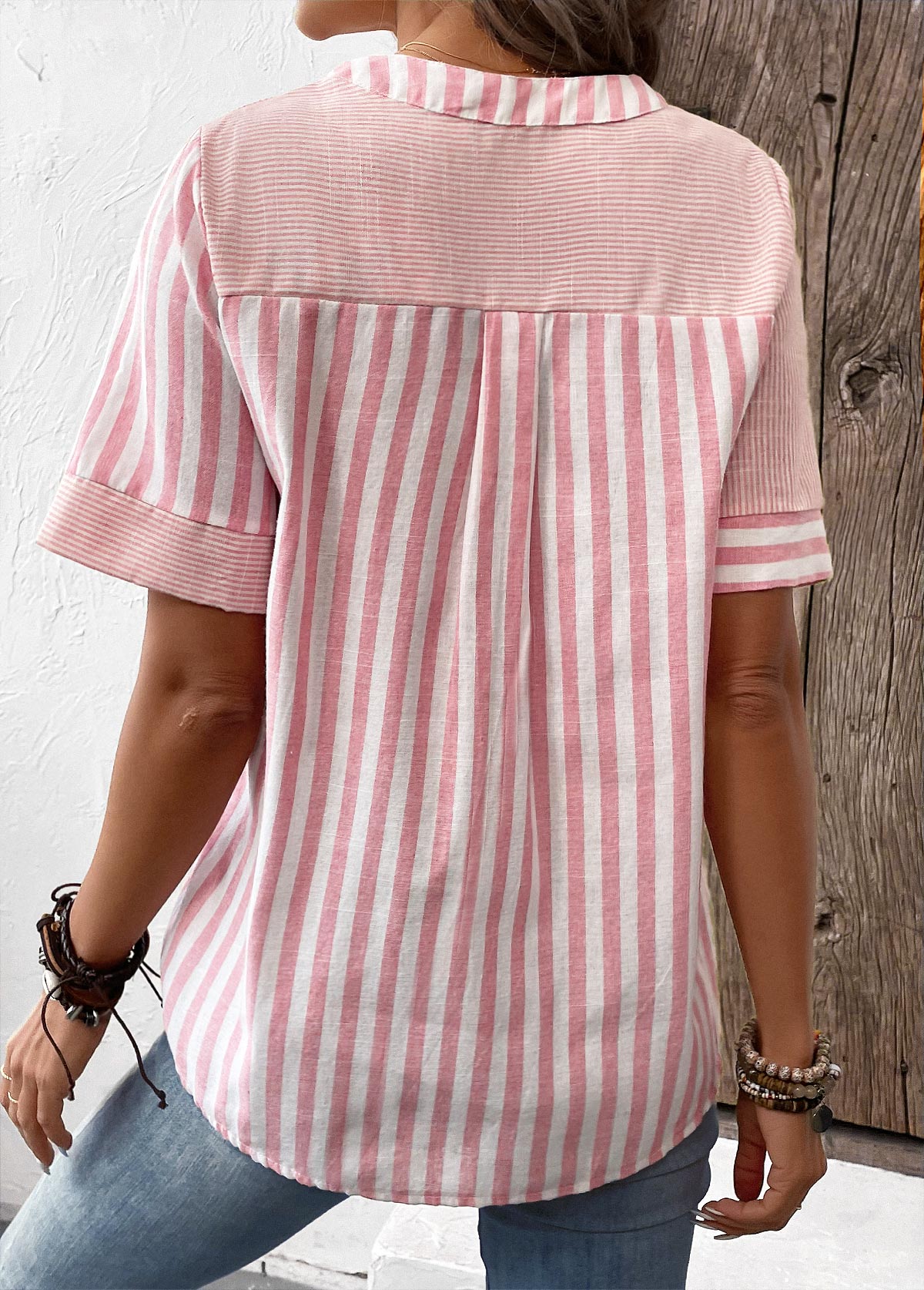 Pink Patchwork Striped Short Sleeve Split Neck Blouse