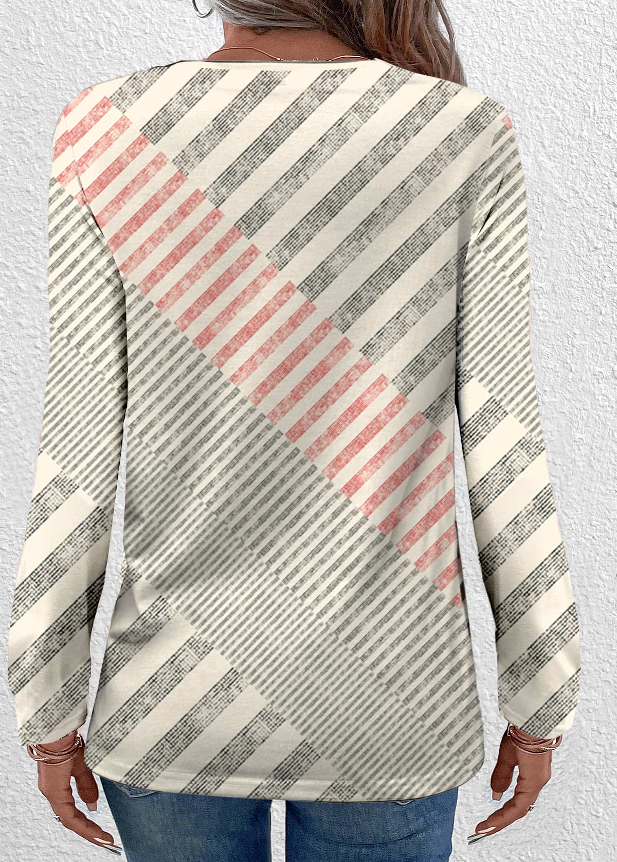 Beige Patchwork Geometric Print Long Sleeve T Shirt