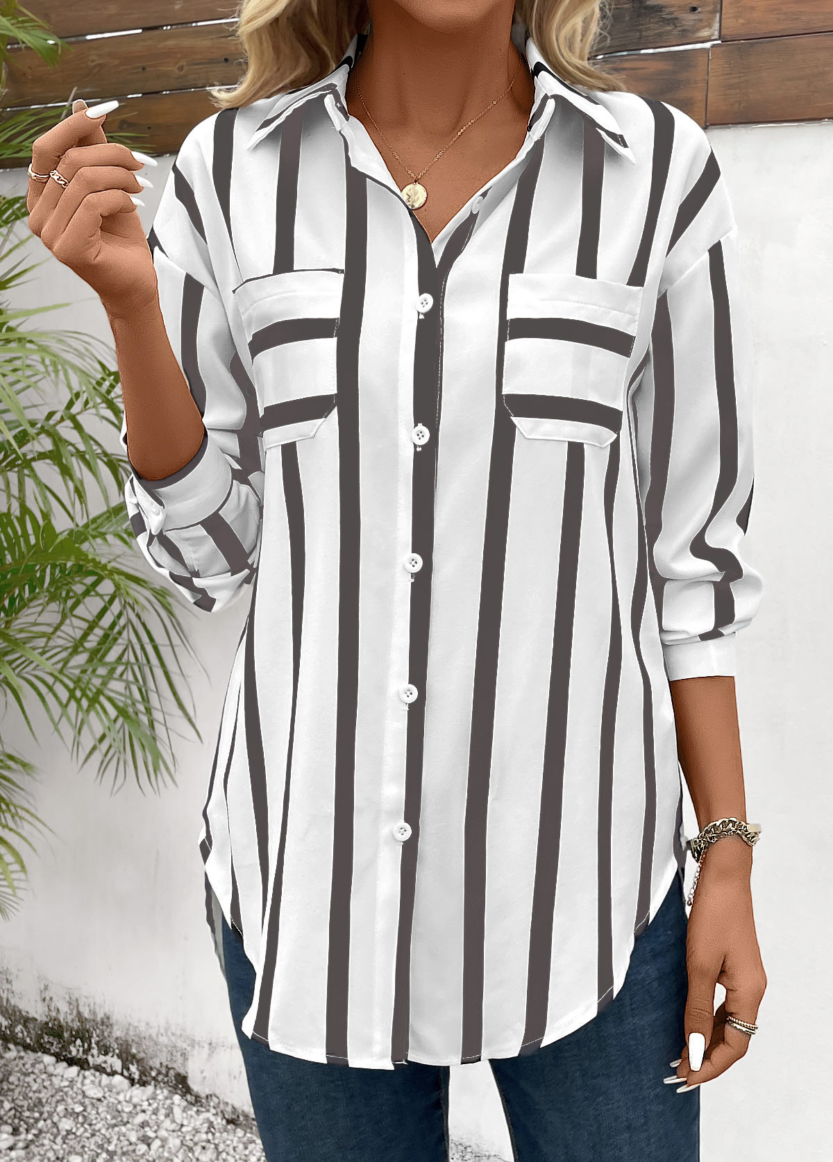 Light Coffee Pocket Striped Long Sleeve Shirt Collar Blouse