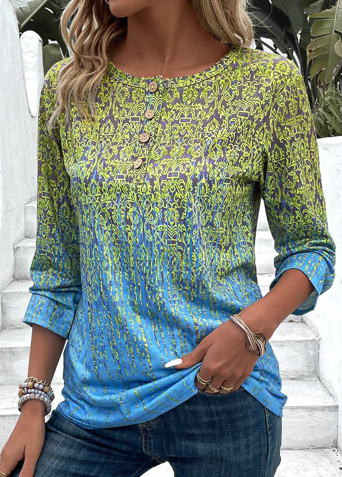 Blue Button Ombre 3/4 Sleeve Round Neck T Shirt