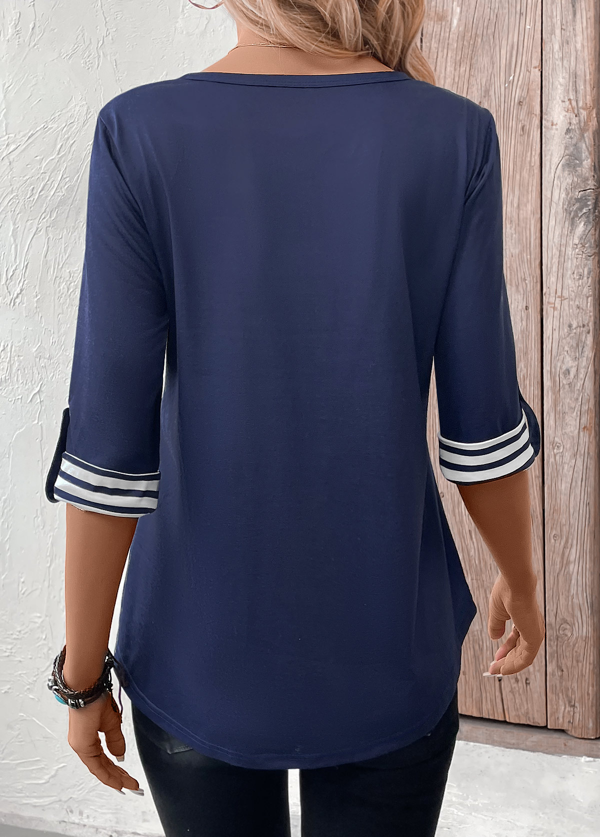 Navy Button Striped 3/4 Sleeve Split Neck T Shirt