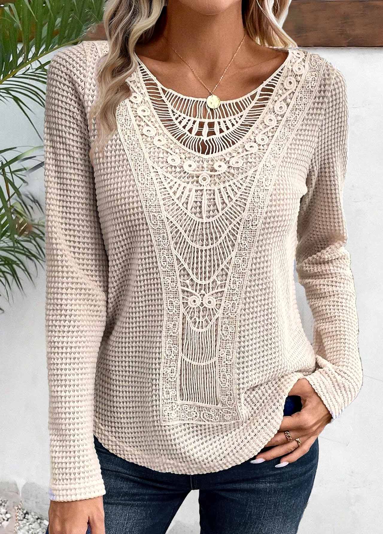 Plus Size Beige Lace Long Sleeve T Shirt | picture 