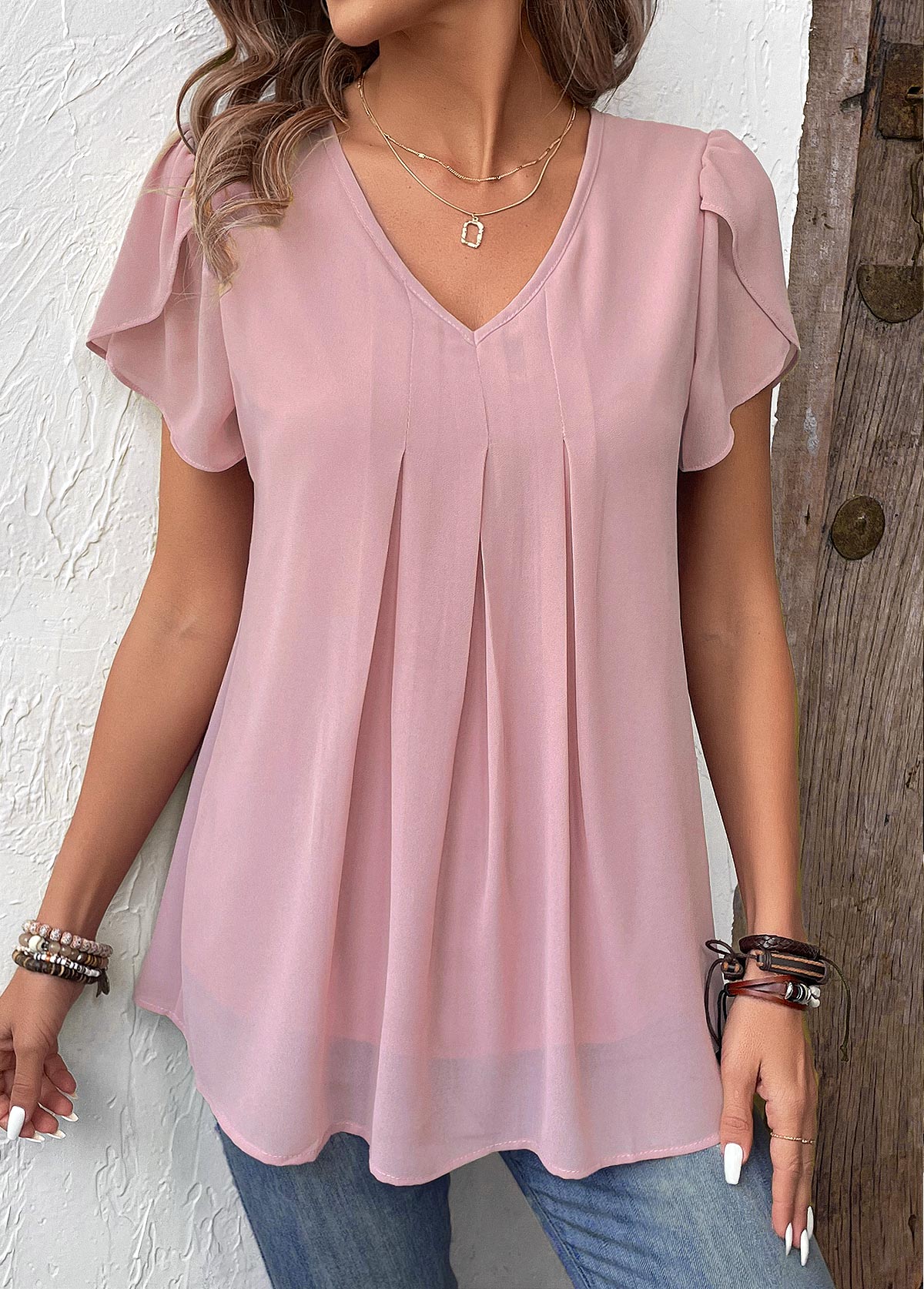 Dusty Pink Ruched Short Sleeve V Neck Blouse