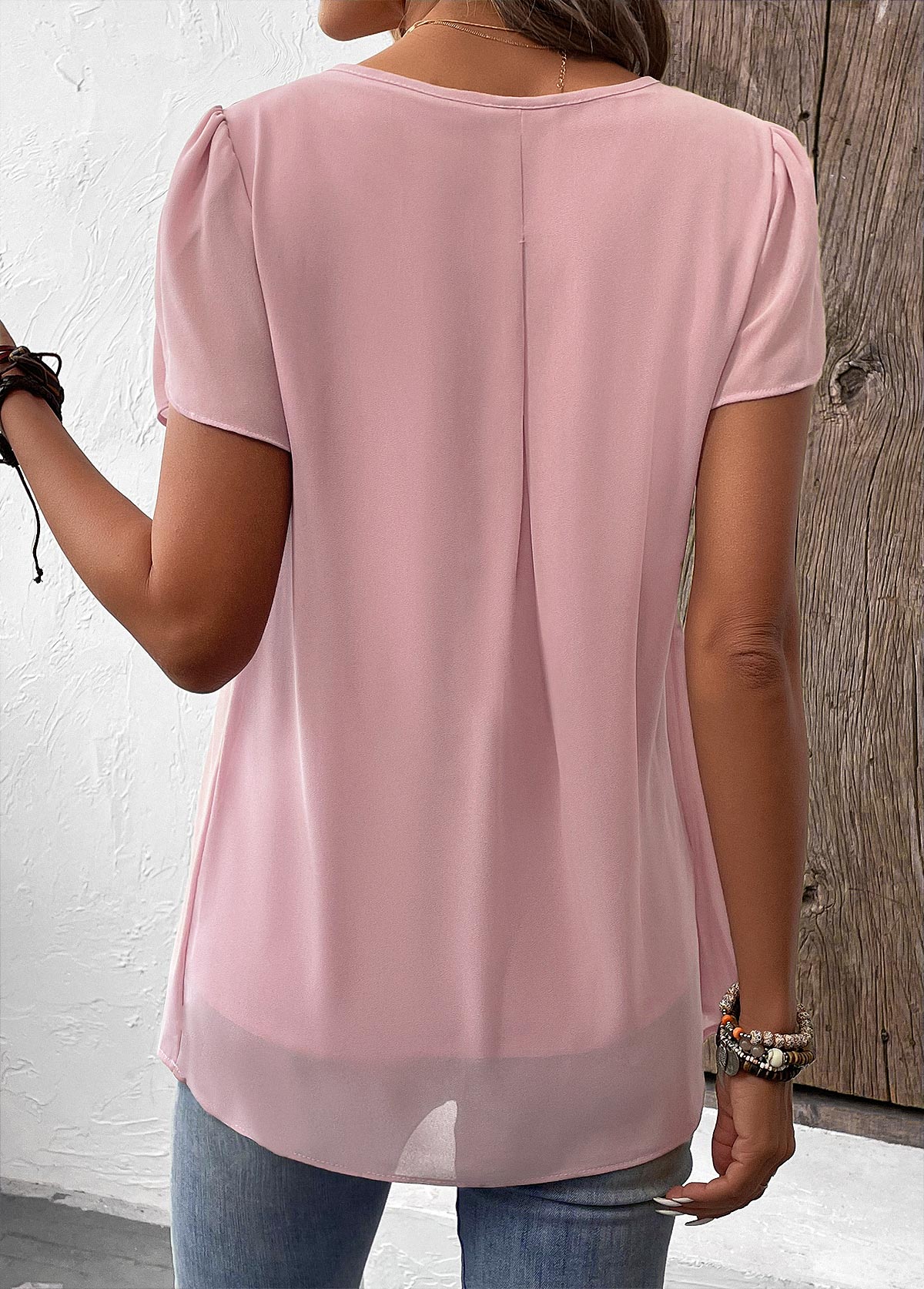 Dusty Pink Ruched Short Sleeve V Neck Blouse