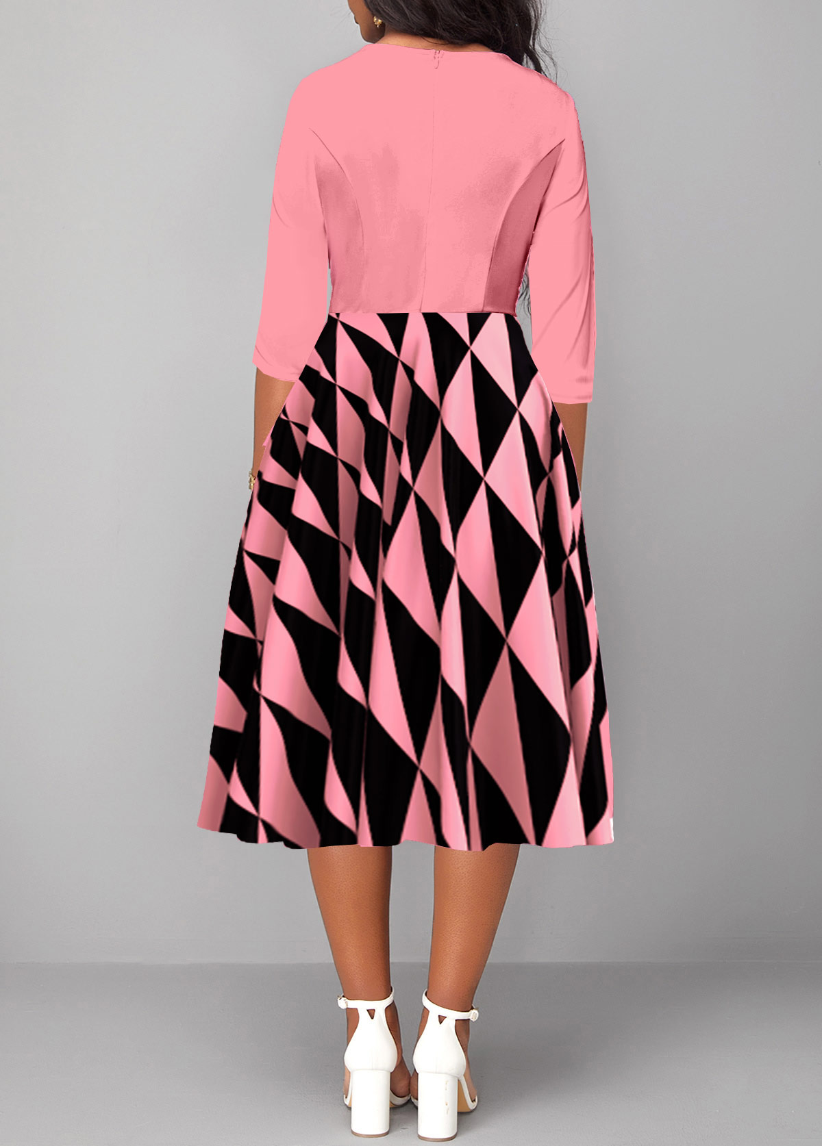 Black Twist Geometric Print Three Quarter Length Sleeve Dress