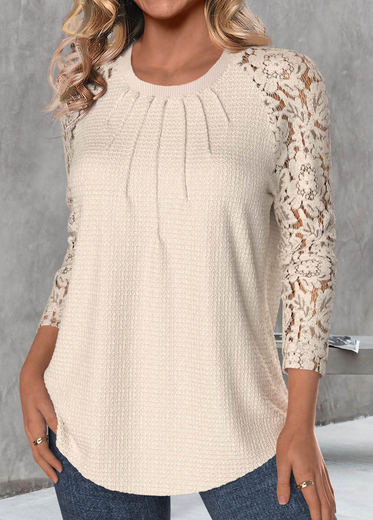 Skin Color Lace Long Sleeve Round Neck T Shirt