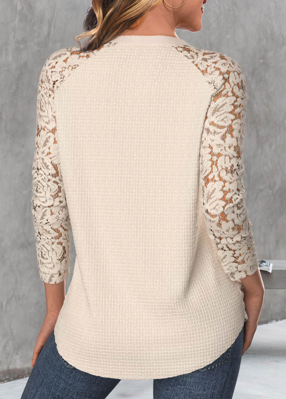 Skin Color Lace Long Sleeve Round Neck T Shirt