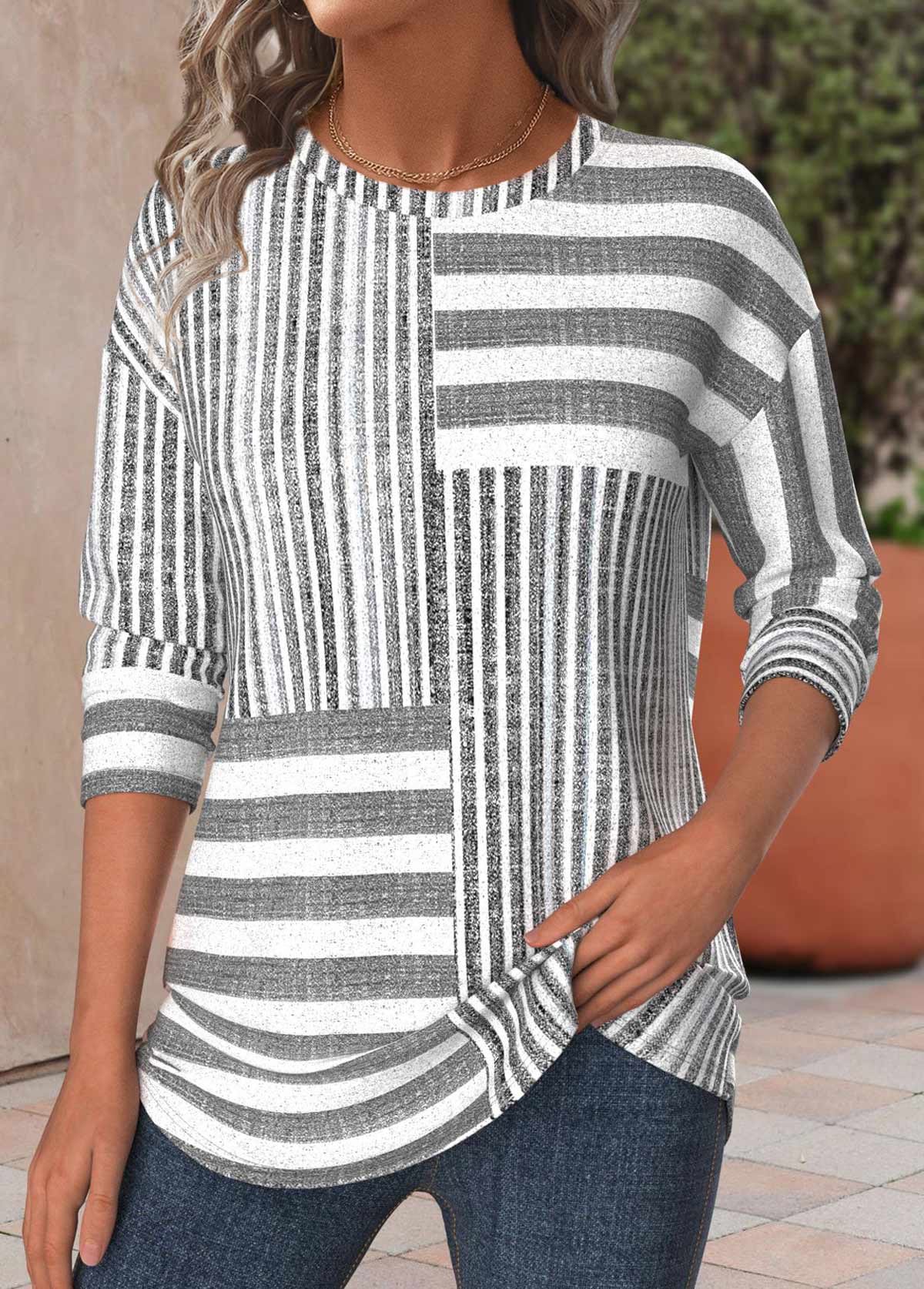 Striped Plus Size Light Grey Marl T Shirt