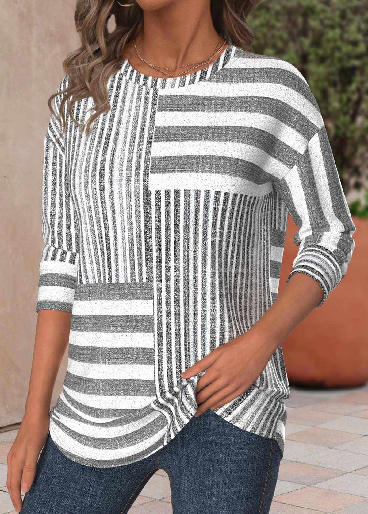 Light Grey Marl Striped Long Sleeve T Shirt