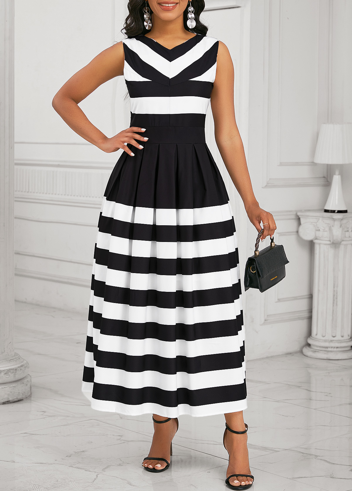 Black Pocket Striped Sleeveless V Neck Maxi Dress
