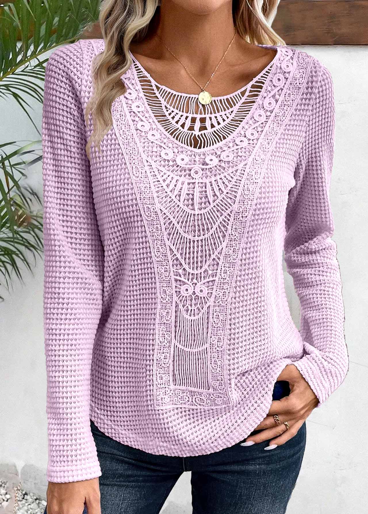 Light Purple Lace Long Sleeve Round Neck T Shirt