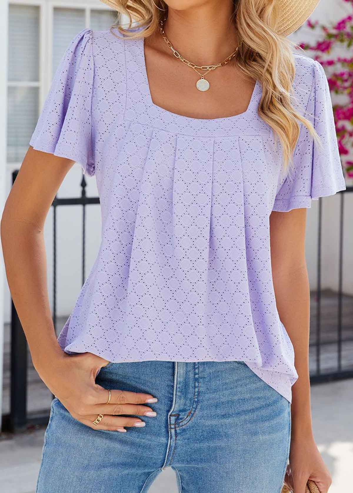 Light Purple Hole Short Sleeve Square Neck T Shirt