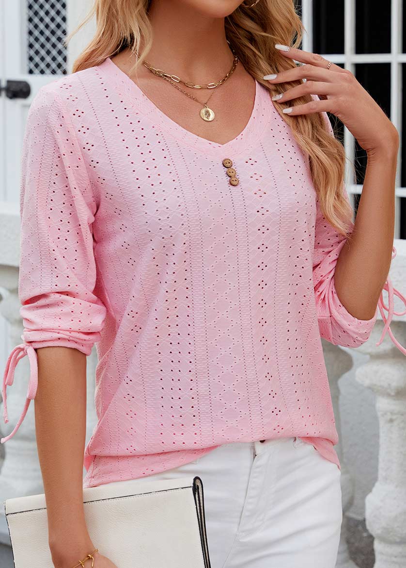Pink Button Long Sleeve V Neck T Shirt