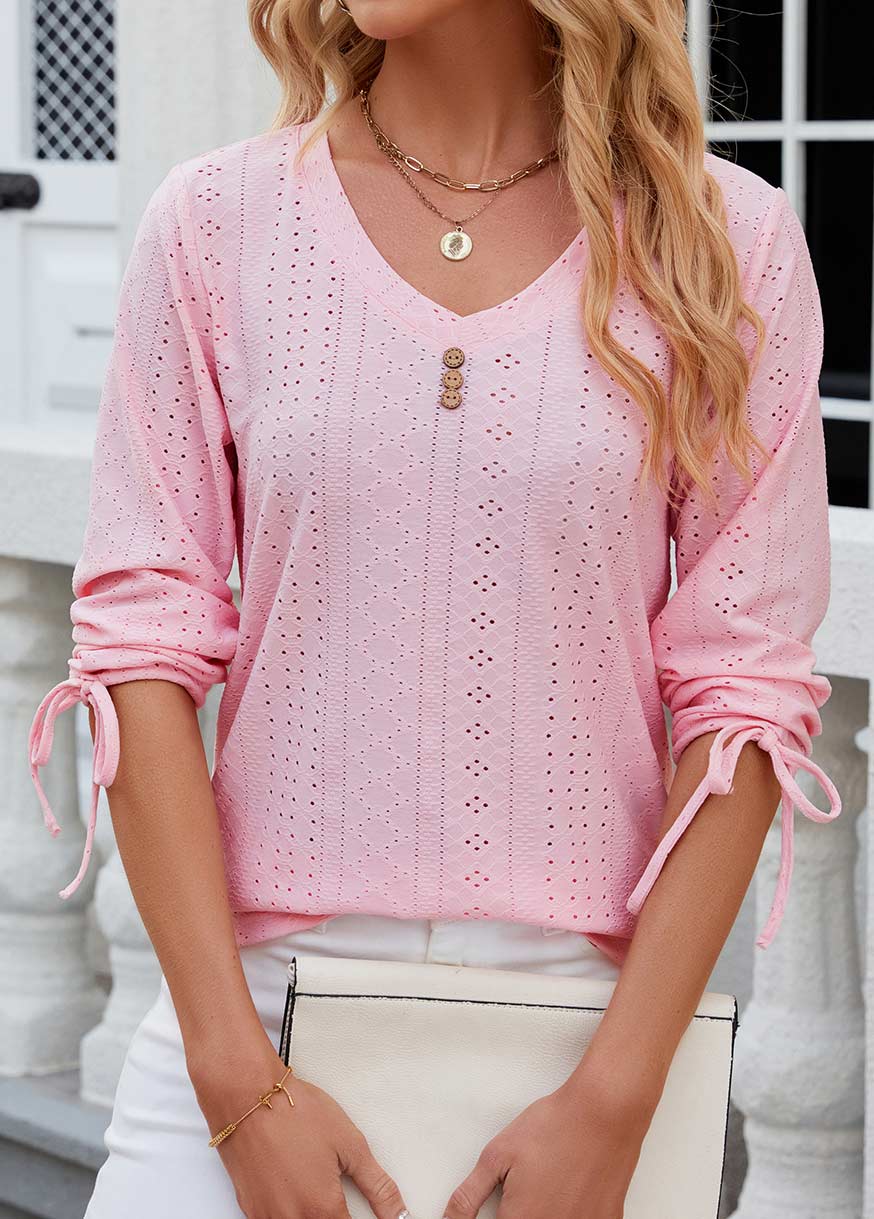 Pink Button Long Sleeve V Neck T Shirt