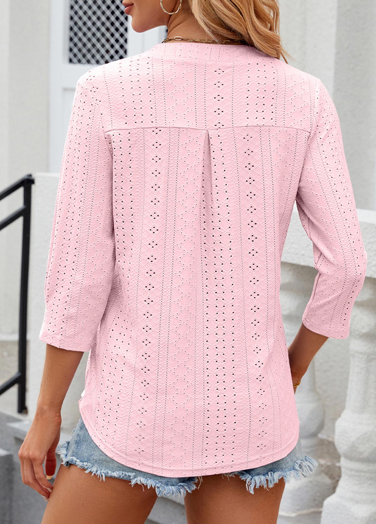 Light Pink Button 3/4 Sleeve Split Neck T Shirt | picture 