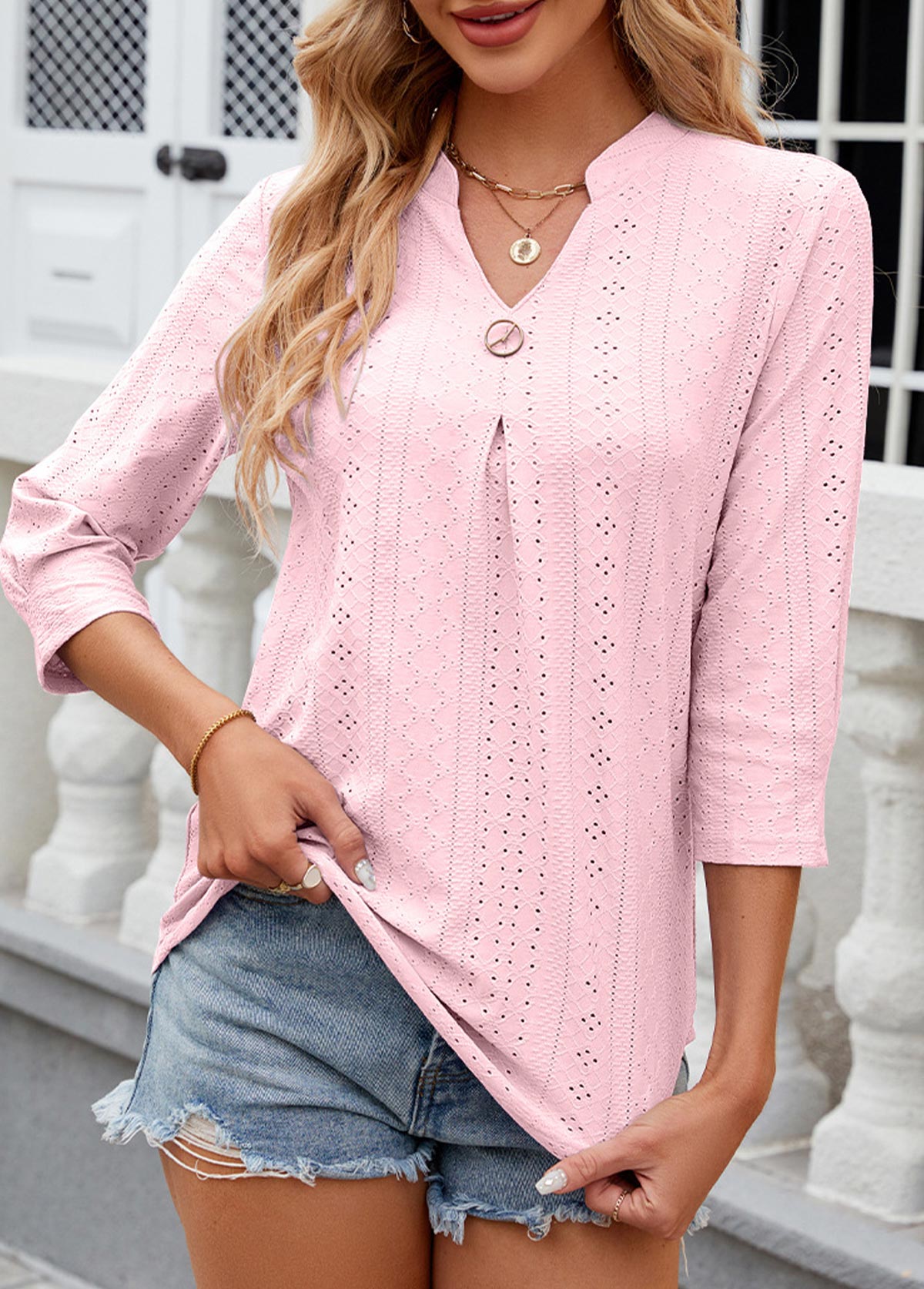 Light Pink Button 3/4 Sleeve Split Neck T Shirt