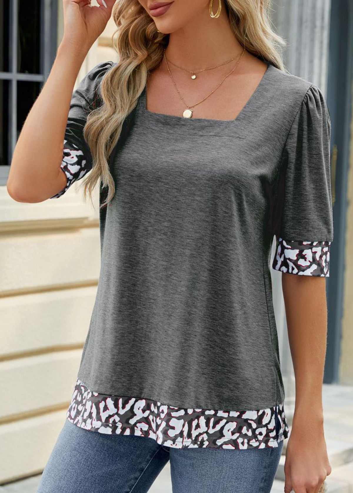 Dark Grey Split Leopard Short Sleeve T Shirt