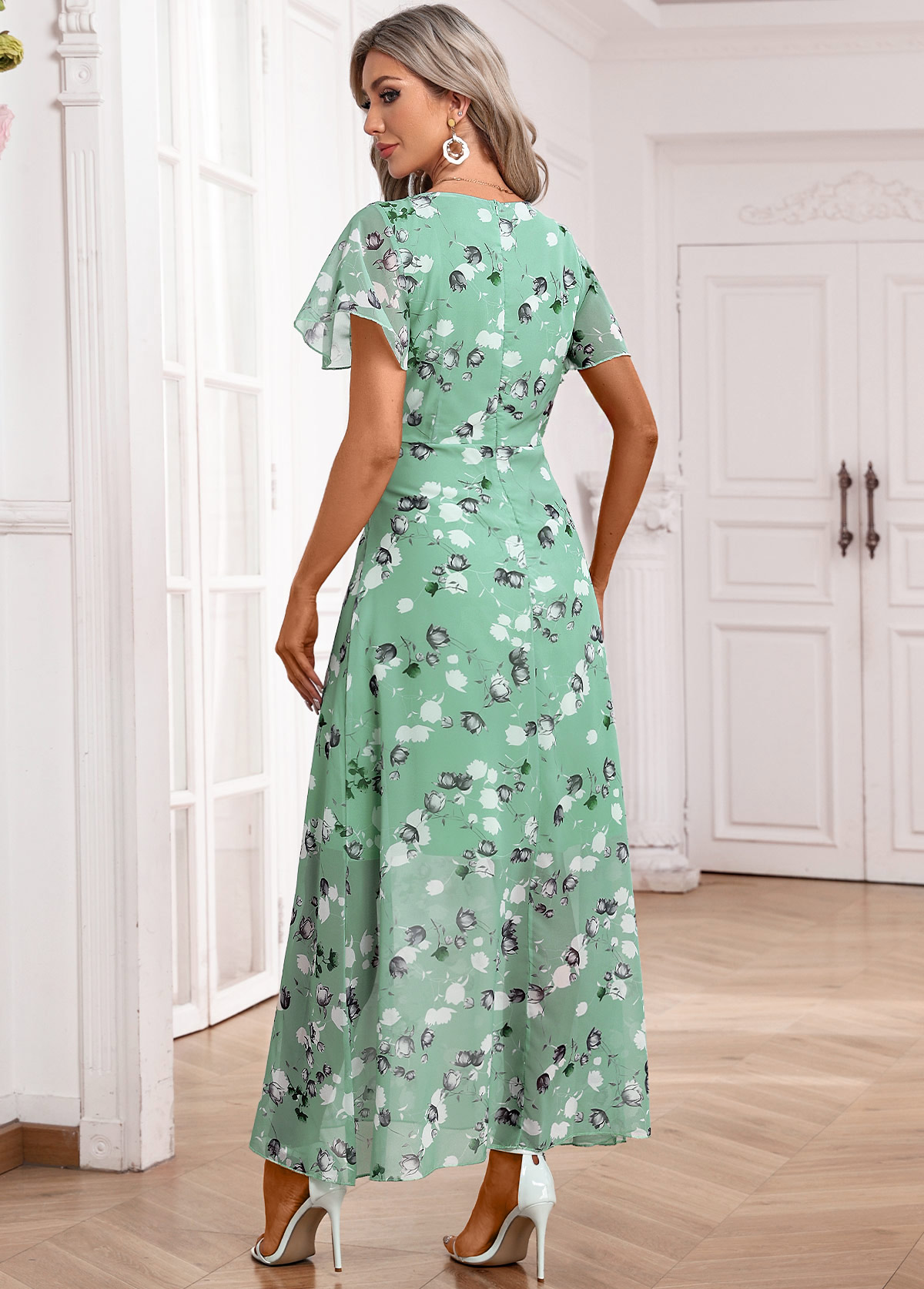 Light Green Zipper Floral Print Belted Dress