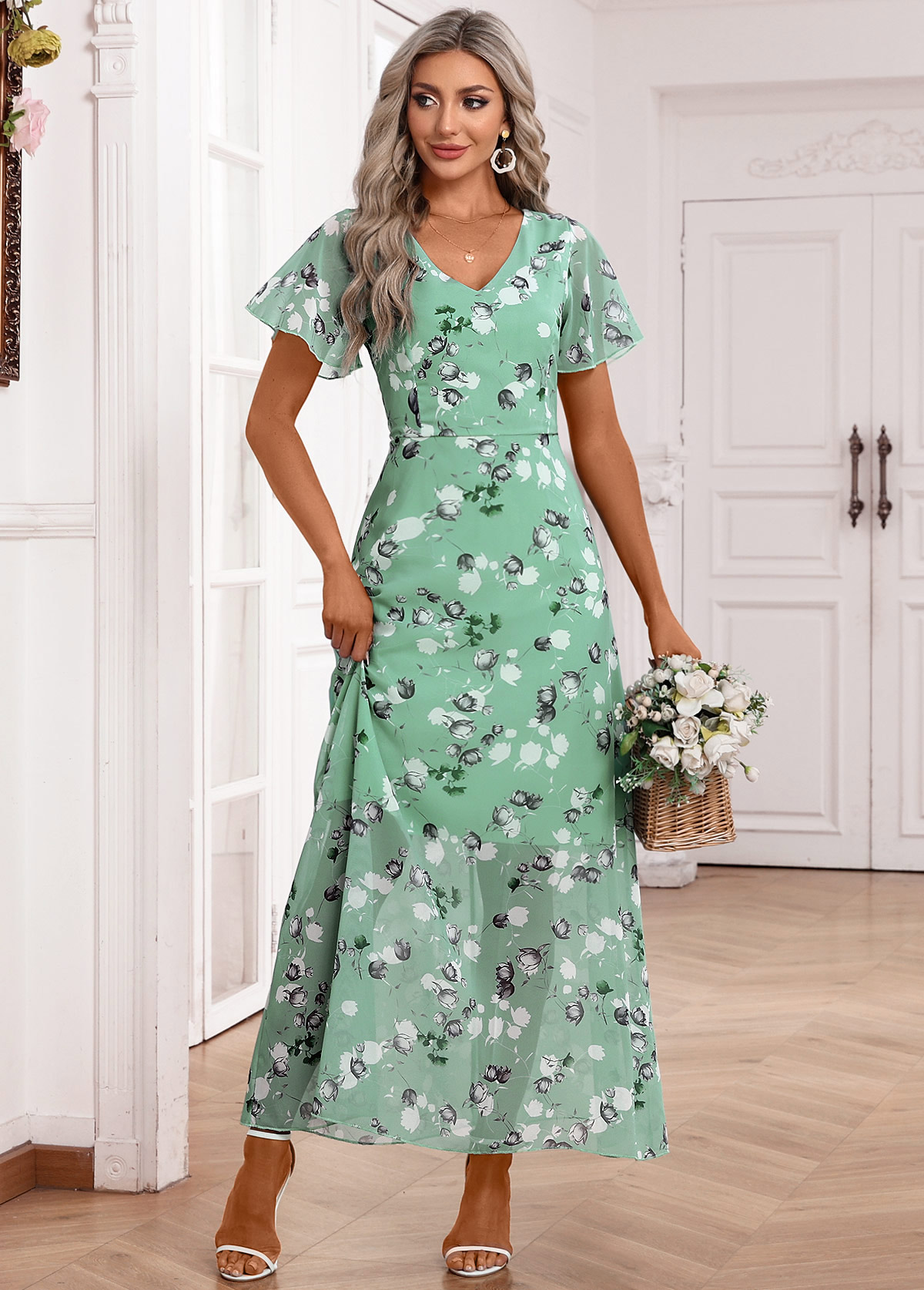 Light Green Zipper Floral Print Belted Dress