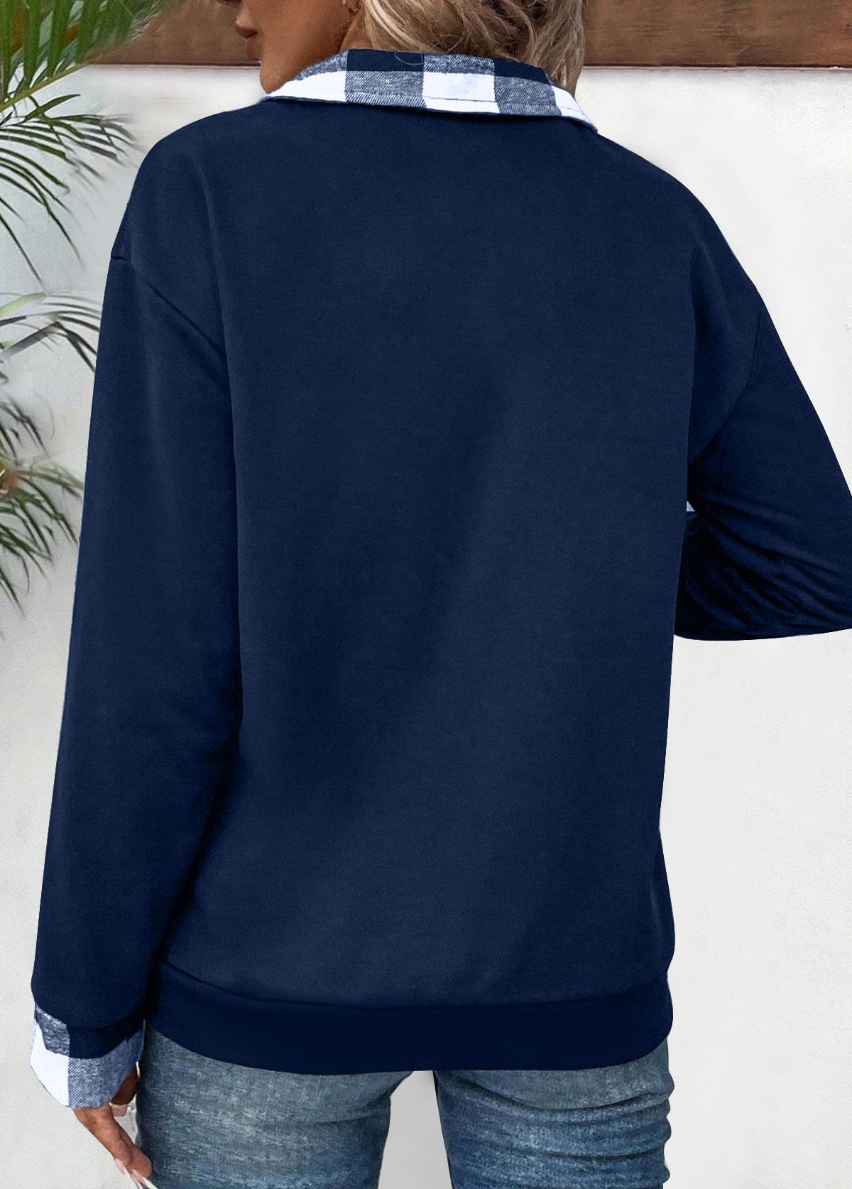 Plus Size Navy Patchwork Plaid Long Sleeve Sweatshirt