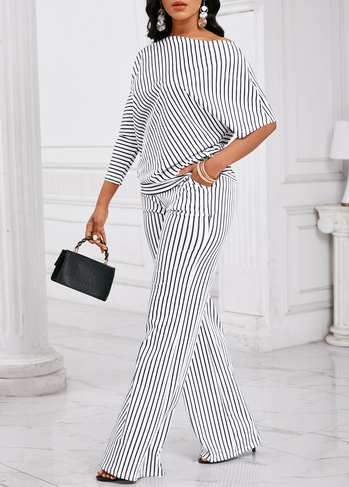 Black Asymmetry Striped Long 3/4 Sleeve Top and Pants