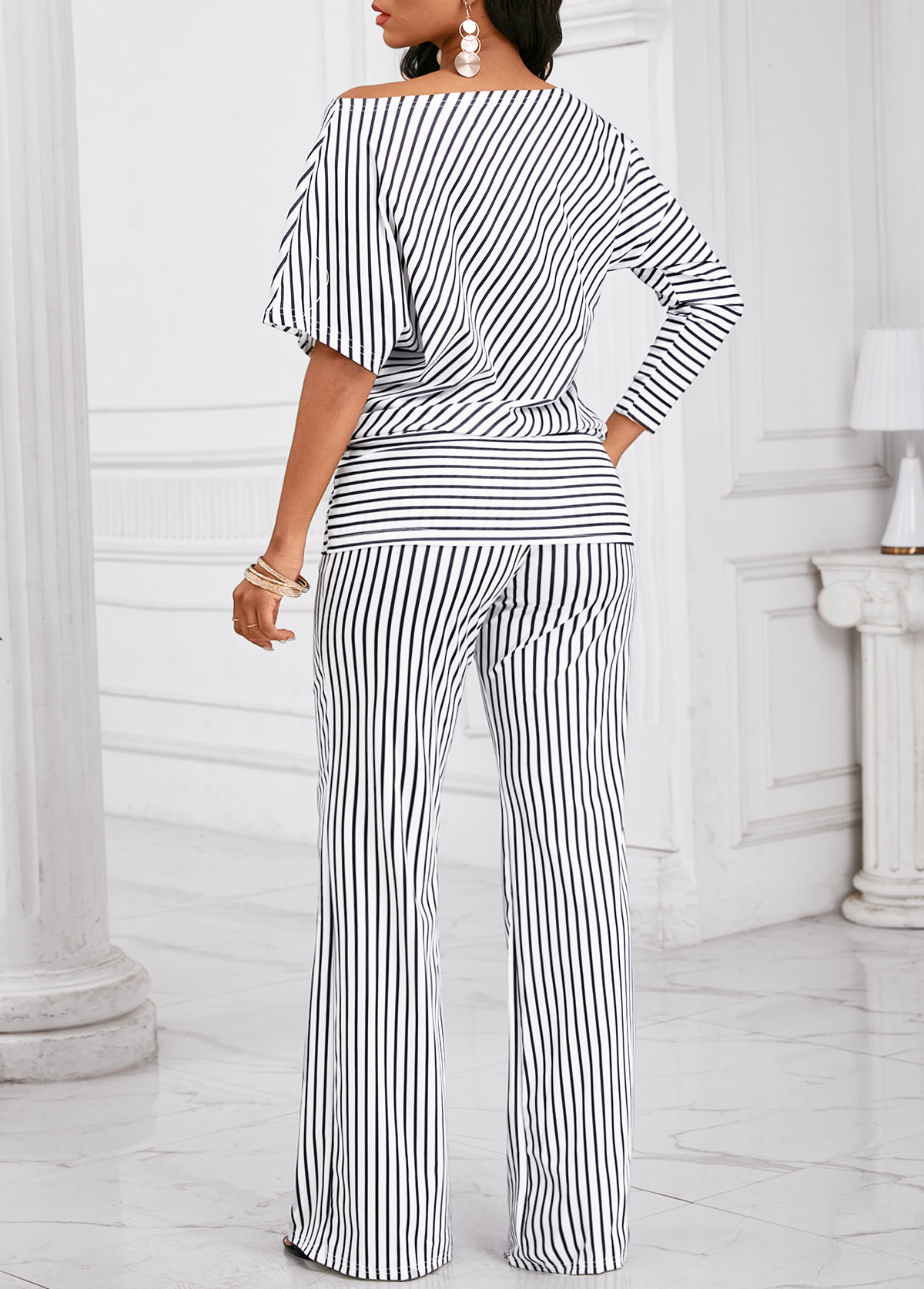 Black Asymmetry Striped Long 3/4 Sleeve Top and Pants