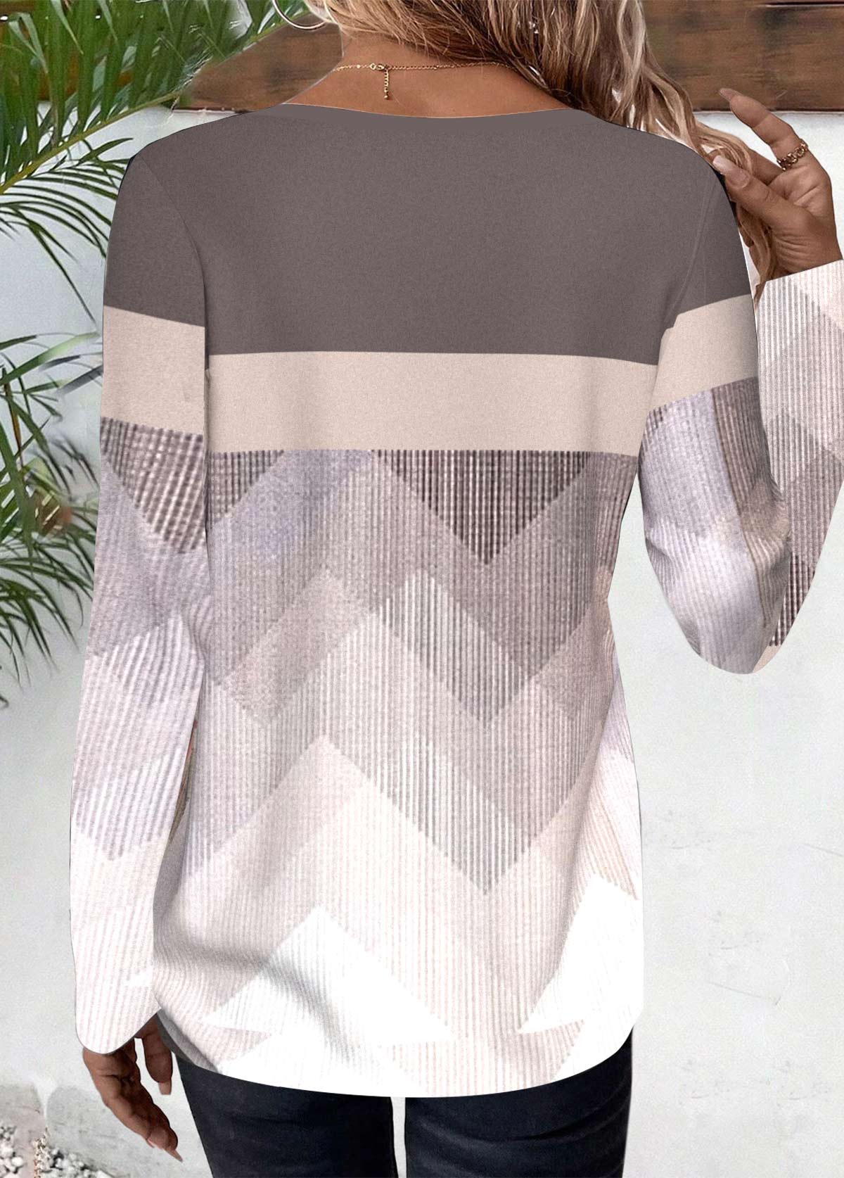 Light Coffee Patchwork Geometric Print Long Sleeve T Shirt | picture 