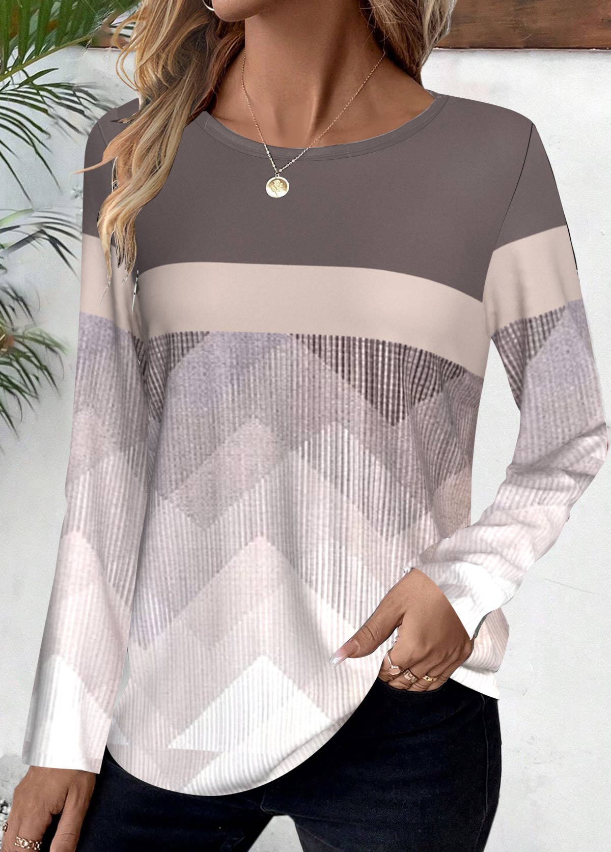 Light Coffee Patchwork Geometric Print Long Sleeve T Shirt | picture 