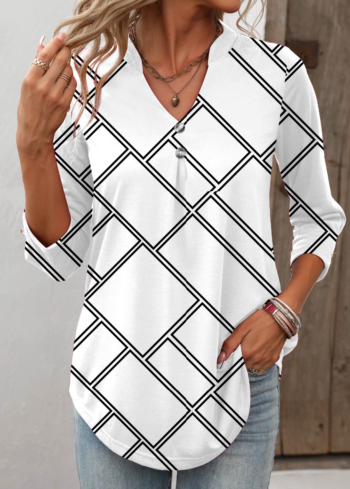 White Button Geometric Print Long Sleeve T Shirt