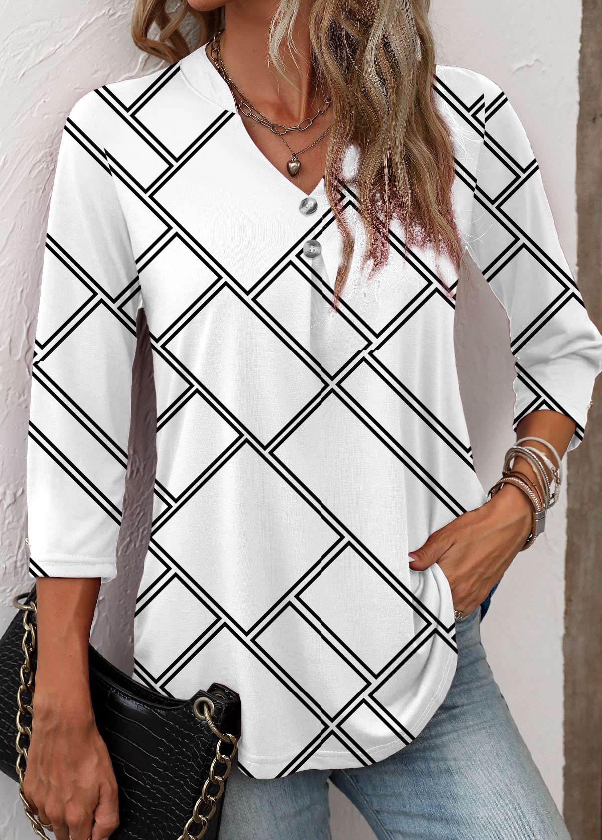 White Button Geometric Print Long Sleeve T Shirt | picture 