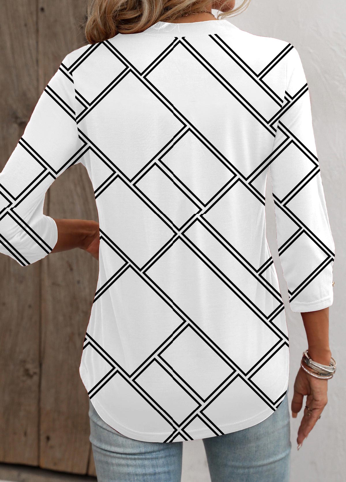 White Button Geometric Print Long Sleeve T Shirt