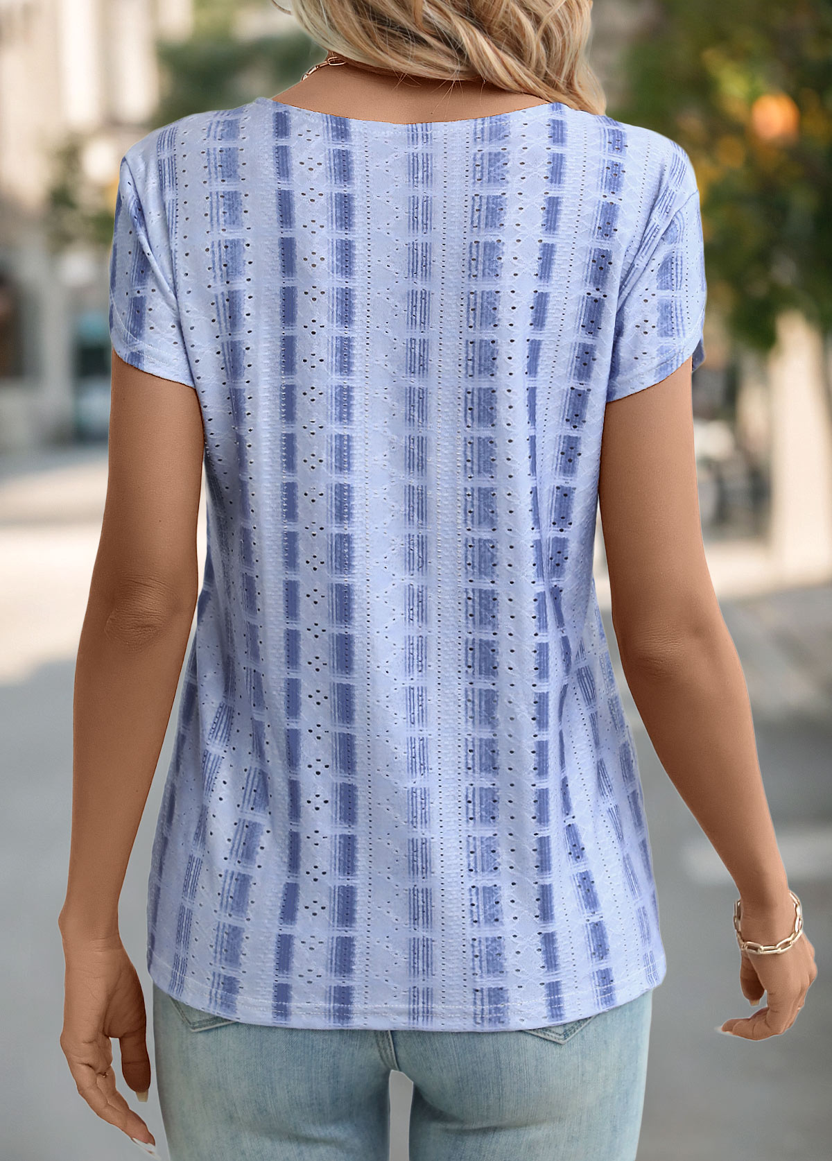 Blue Patchwork Geometric Print Short Sleeve T Shirt