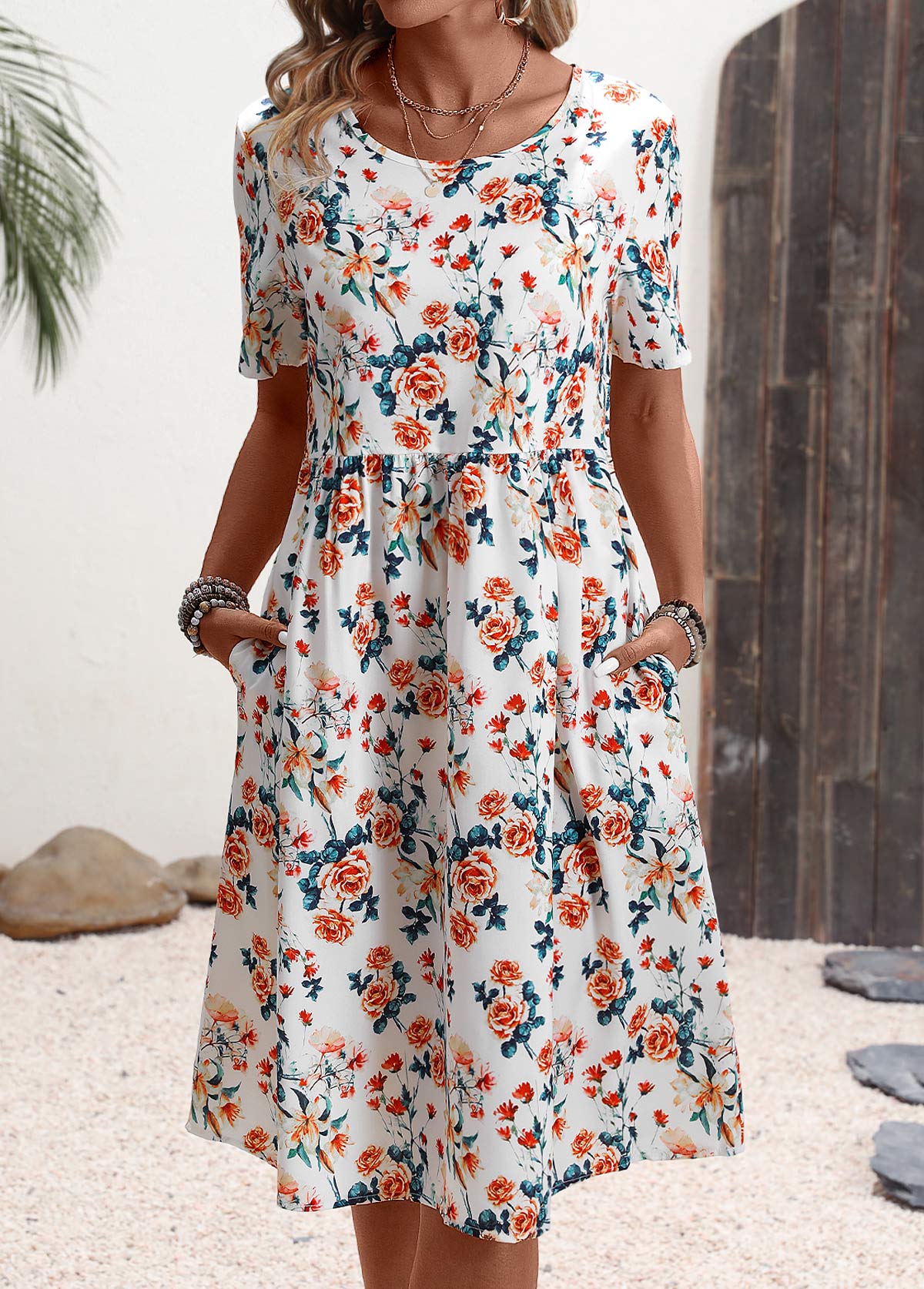 White Double Side Pockets Floral Print Short Sleeve Dress