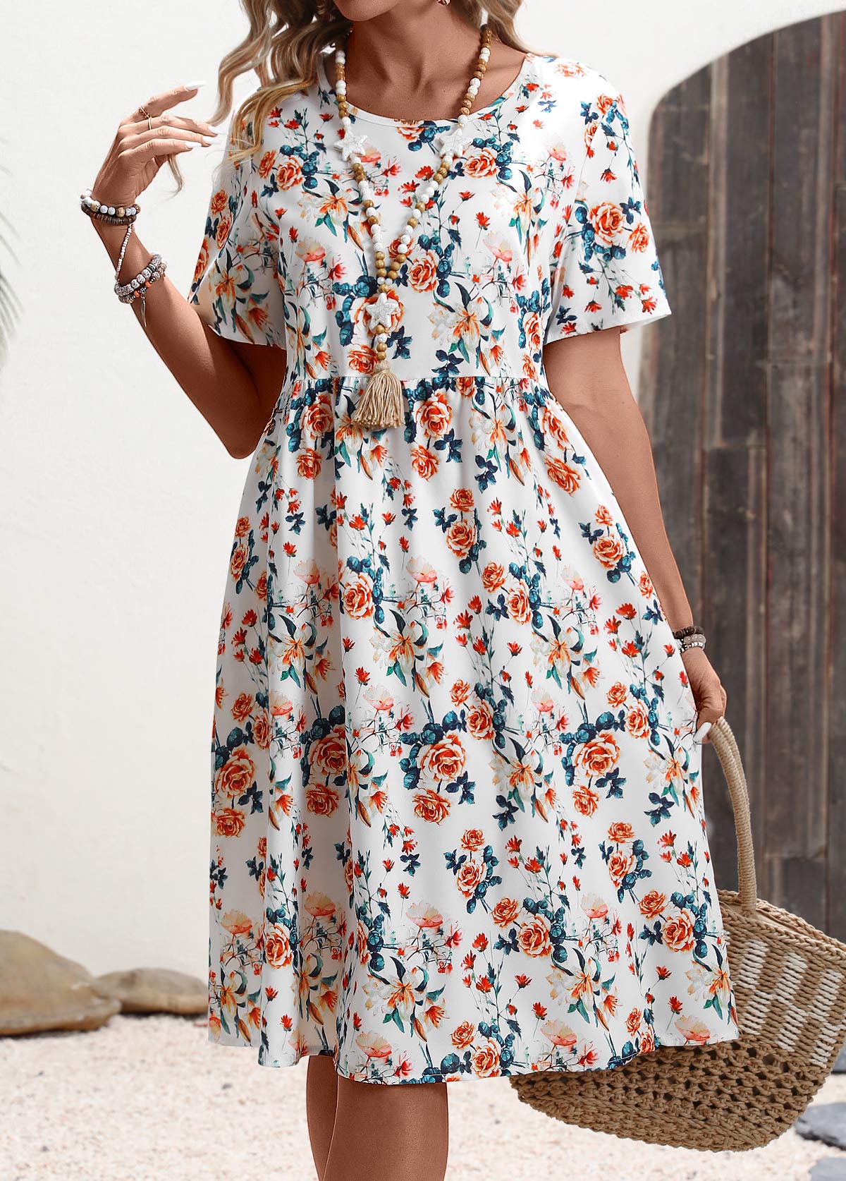 White Double Side Pockets Floral Print Short Sleeve Dress