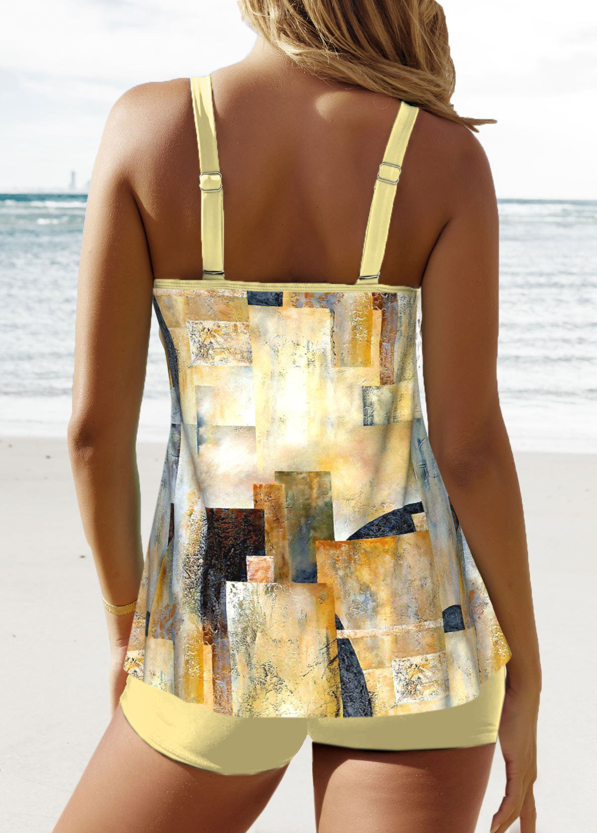 Patchwork Geometric Print Light Yellow Tankini Set | picture 