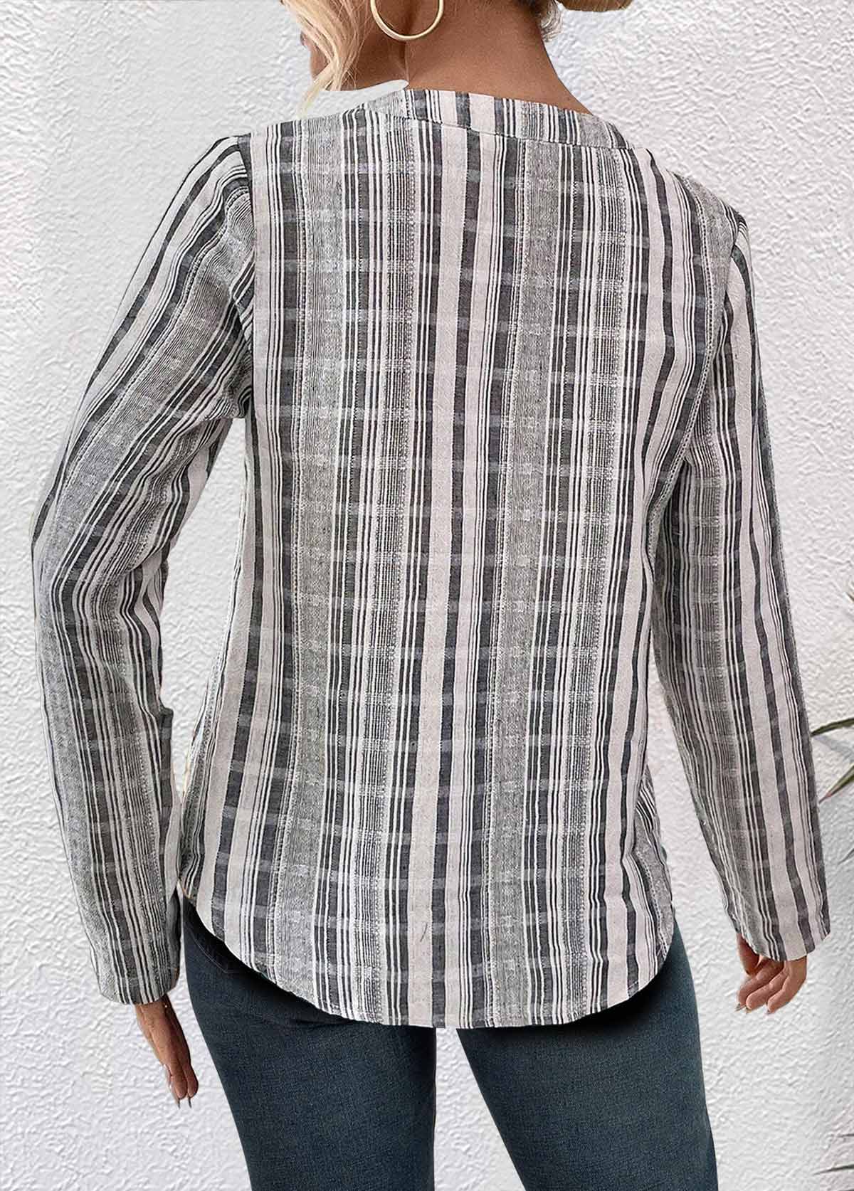 Light Grey Pocket Striped Long Sleeve Split Neck Blouse