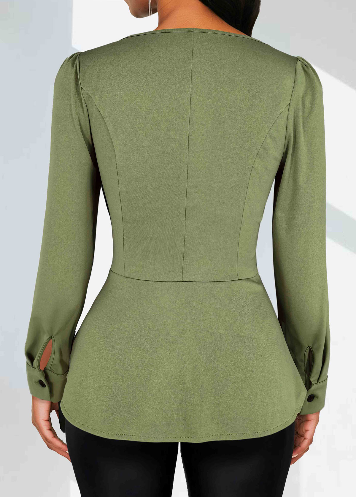 Sage Green Ruched Long Sleeve Asymmetrical Neck Blouse