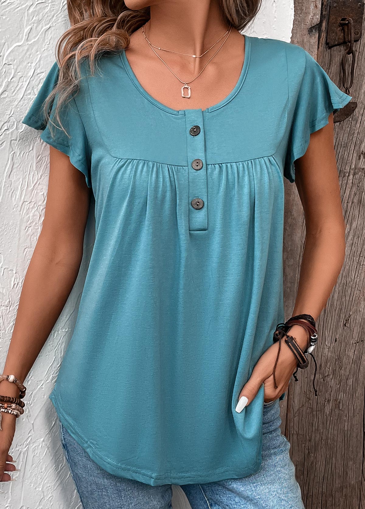 Turquoise Button Short Sleeve Scoop Neck T Shirt