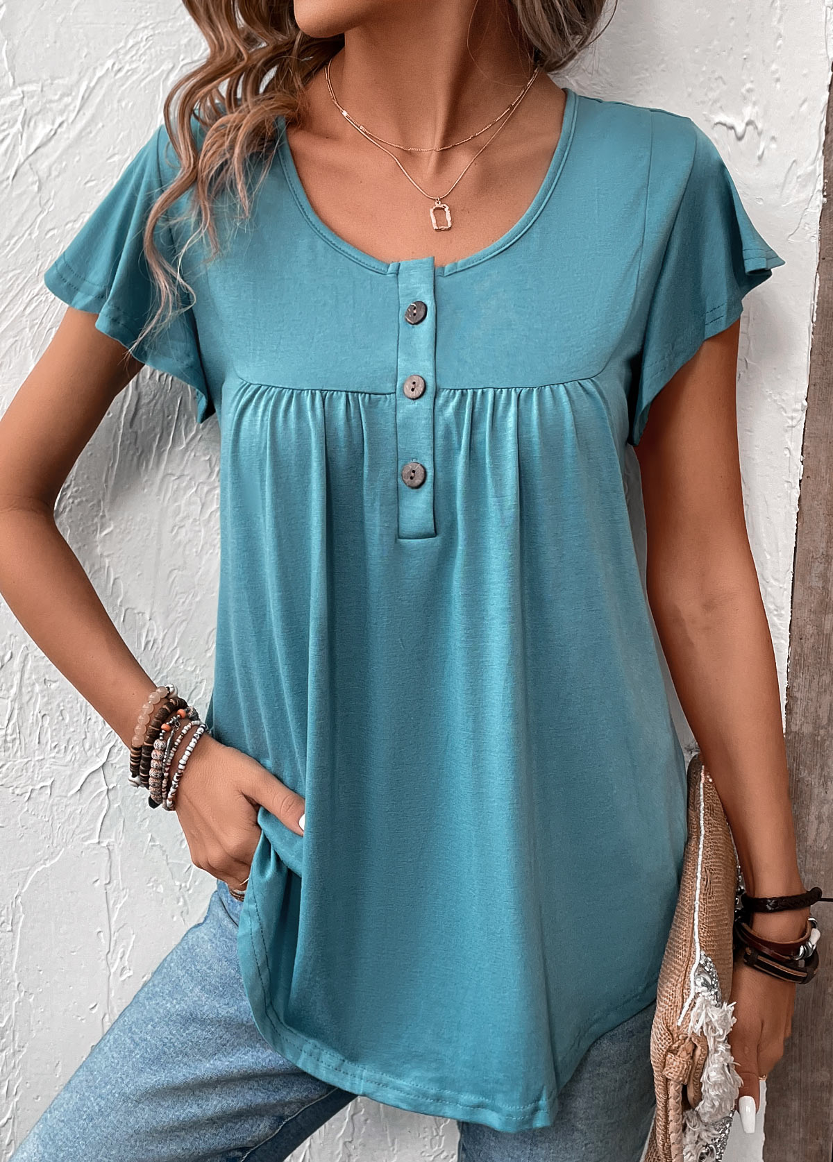 Turquoise Button Short Sleeve Scoop Neck T Shirt
