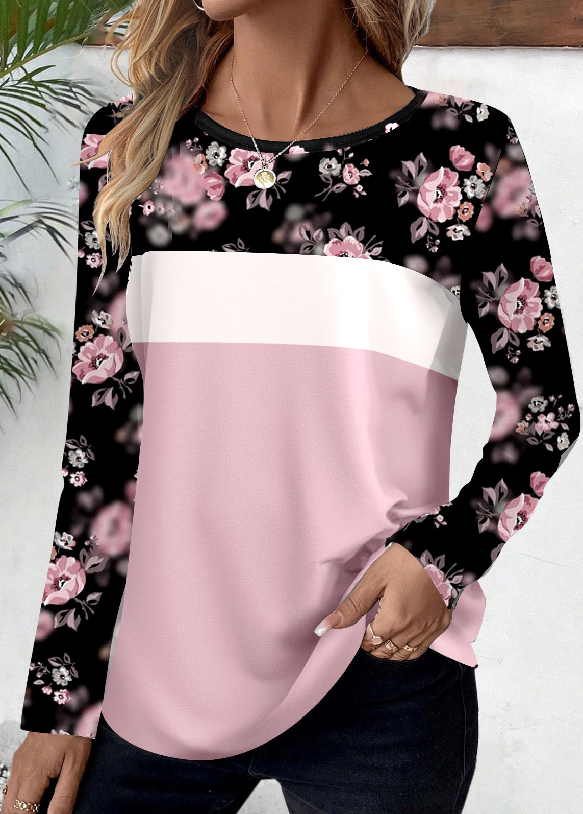 Pink Patchwork Ditsy Floral Print Long Sleeve T Shirt
